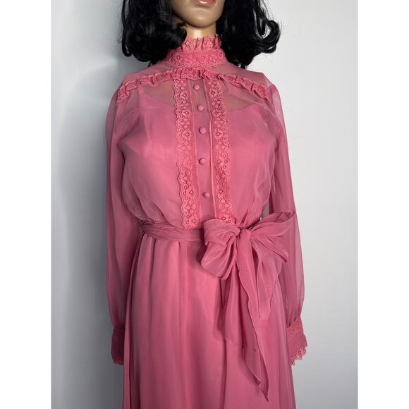 1970s Pink Chiffon Prairie Maxi High Neck Dress Lace Trim LGWD Canada XS - Picture 7 of 17